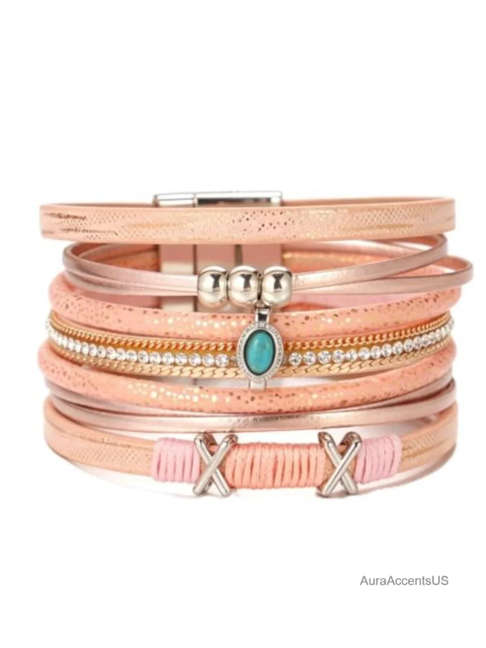 Layered Wrap Leather Cuff Bracelet Boho Rhinestone Clasp